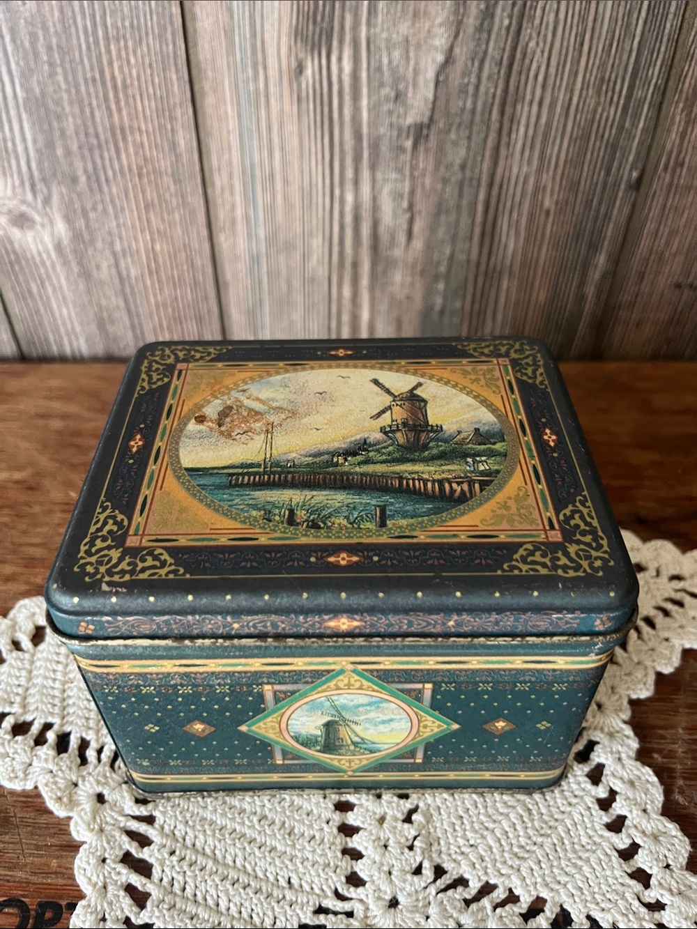 Decorative Metal Tin with Windmill Illustration in Teal and Gold